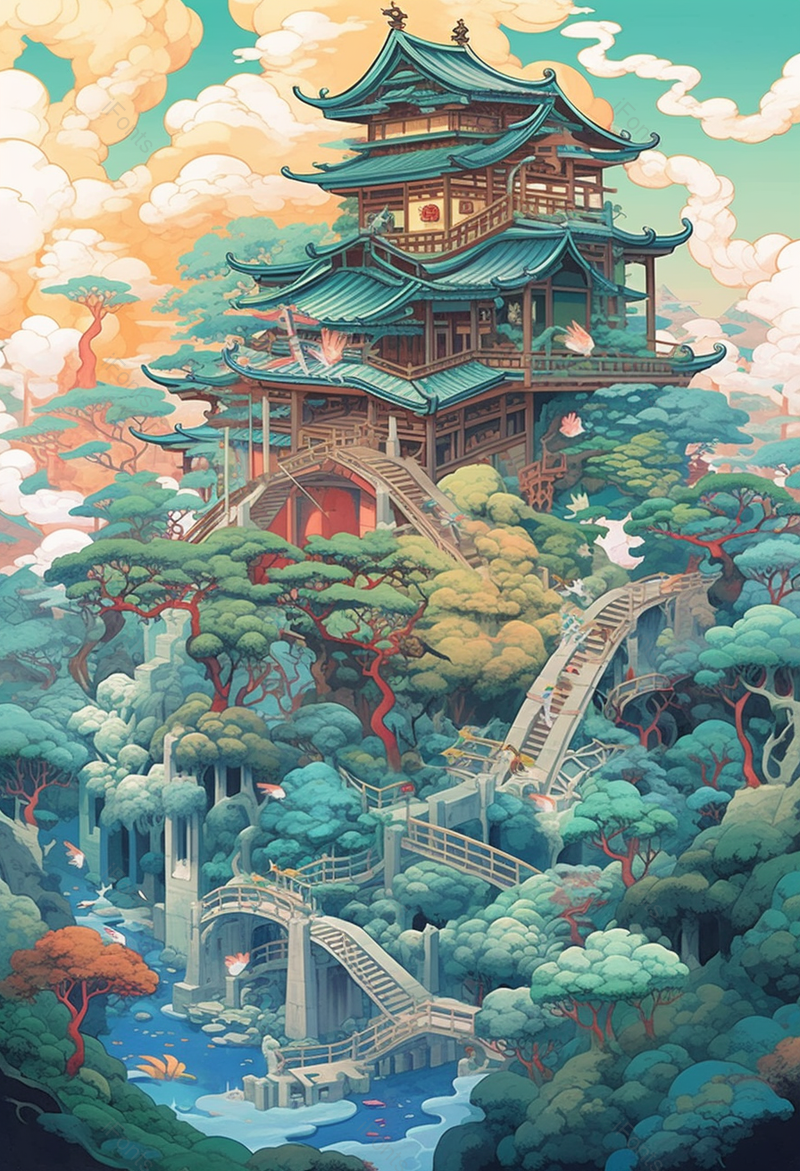绿色国潮风景建筑插画,插画/手绘图,插画/手绘图库,插画/手绘图下载,插画/手绘